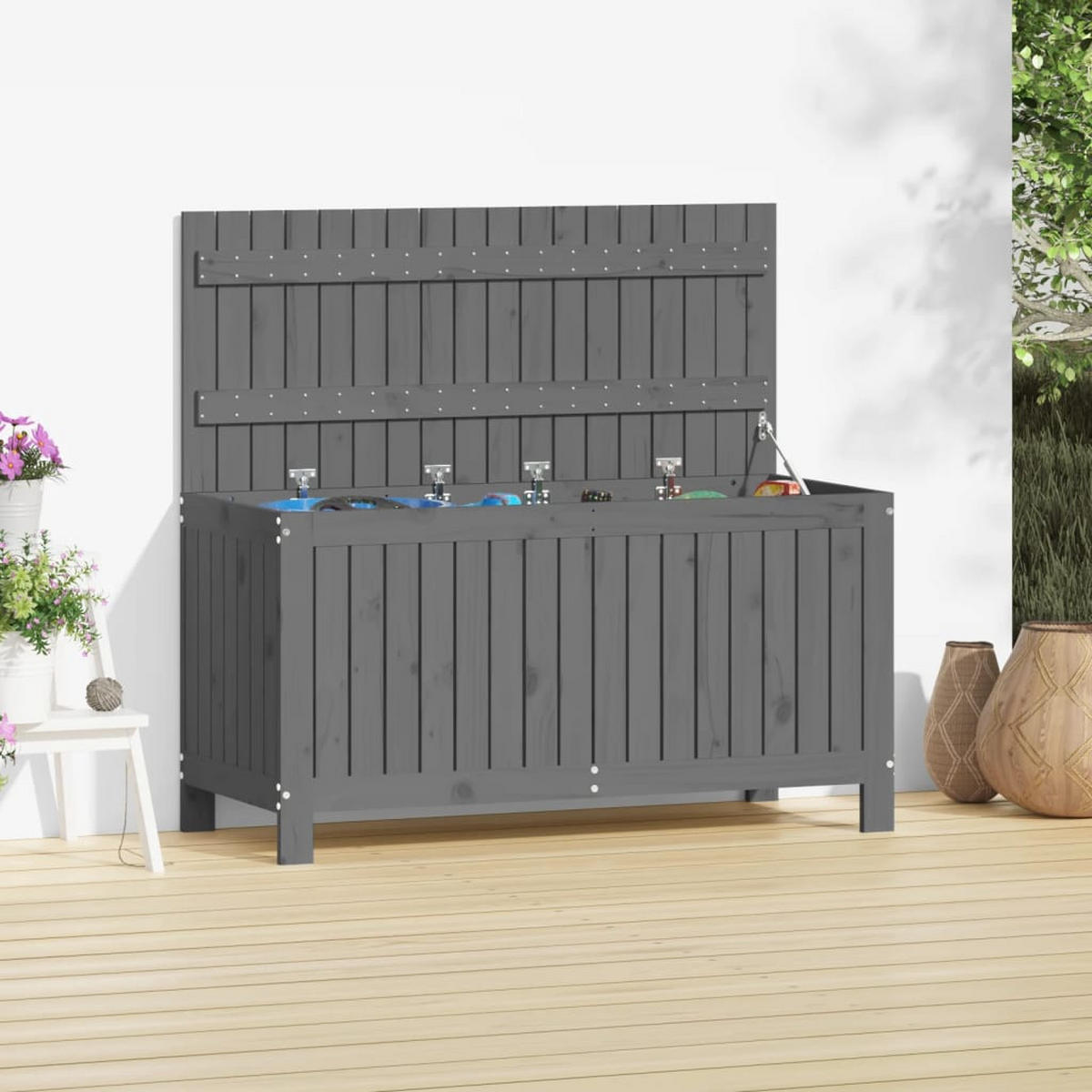GARTENTRUHE Grau 115x49x60 cm Massivholz Kiefer - Grau, Holz (115/60/49cm) - furnicato