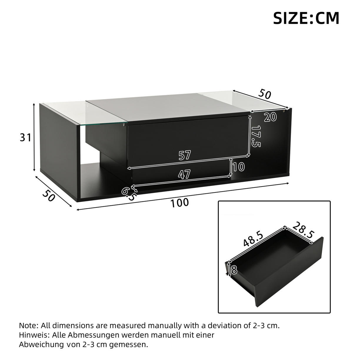 KONFERENČNÍ stolek 100/50/31 cm černý z dřevotřísky a tvrzeného skla s LED a zásuvkou - černá, kompozitní dřevo (100/50/31cm) - OKWISH
