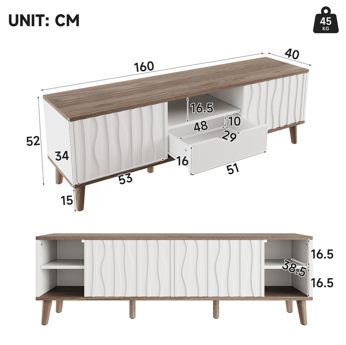 TV-ELEMENT mit LED-Beleuchtung 160 x 40 x 52 cm Weiß Deep Walnut - Weiß, Holzwerkstoff (40/52/160cm) - Beauniv