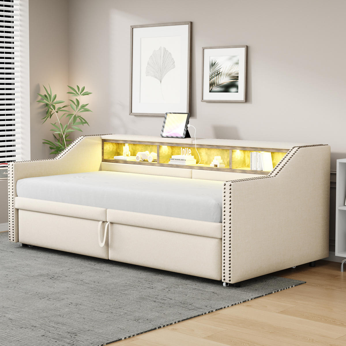 AUSZIEHBETT 90/180 x 200 cm in Beige mit LED-Beleuchtung und USB-Anschluss - Beige, Textil (90/200cm) - Flora Grace