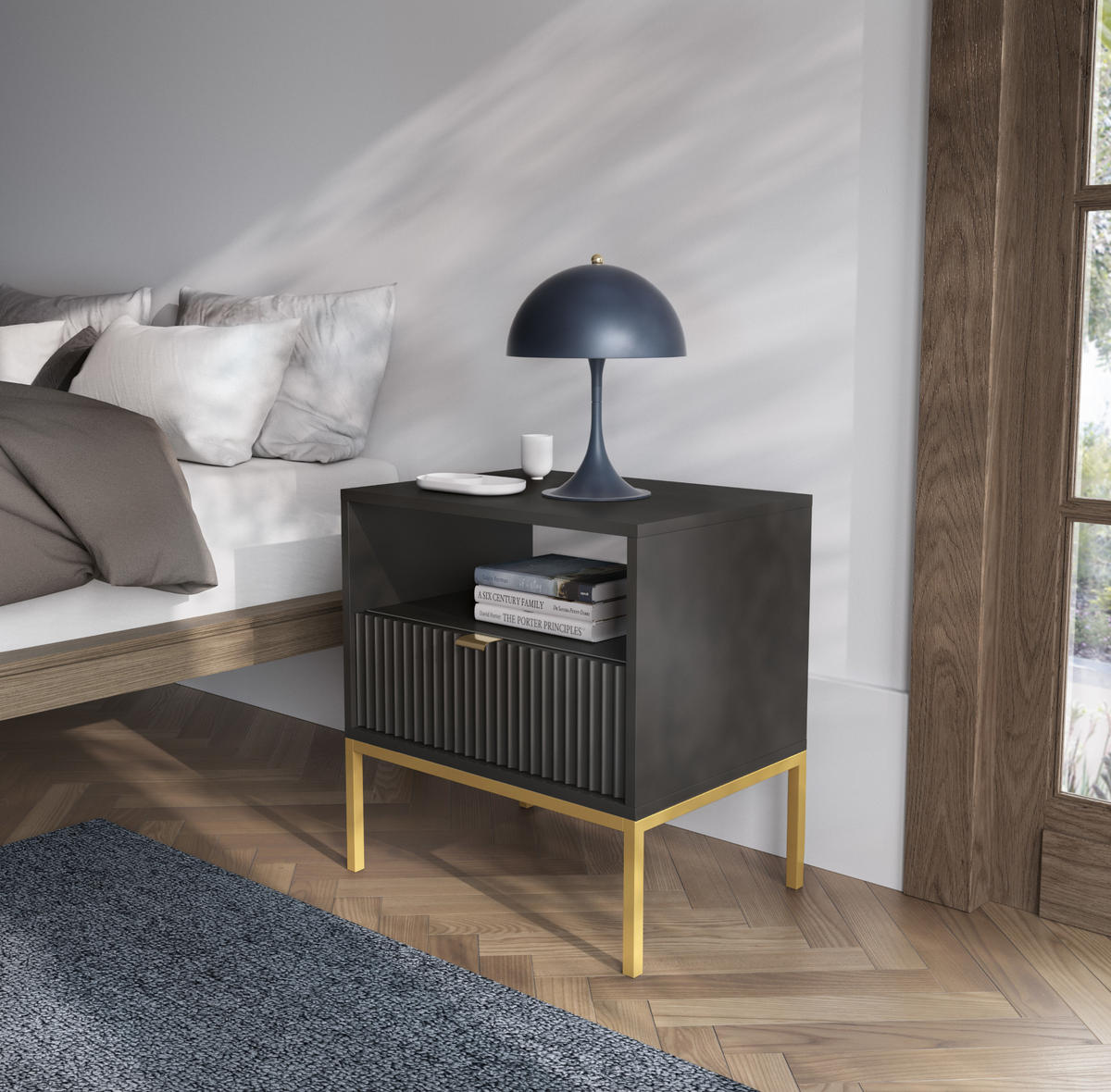 NACHTTISCH Nova - NOC, Geriffelte Front mit Goldenes Griffdesign 54x39x56 cm Schwarz - Goldfarben/Schwarz, Holzwerkstoff/Kunststoff (54/56/39cm) - DomoHome