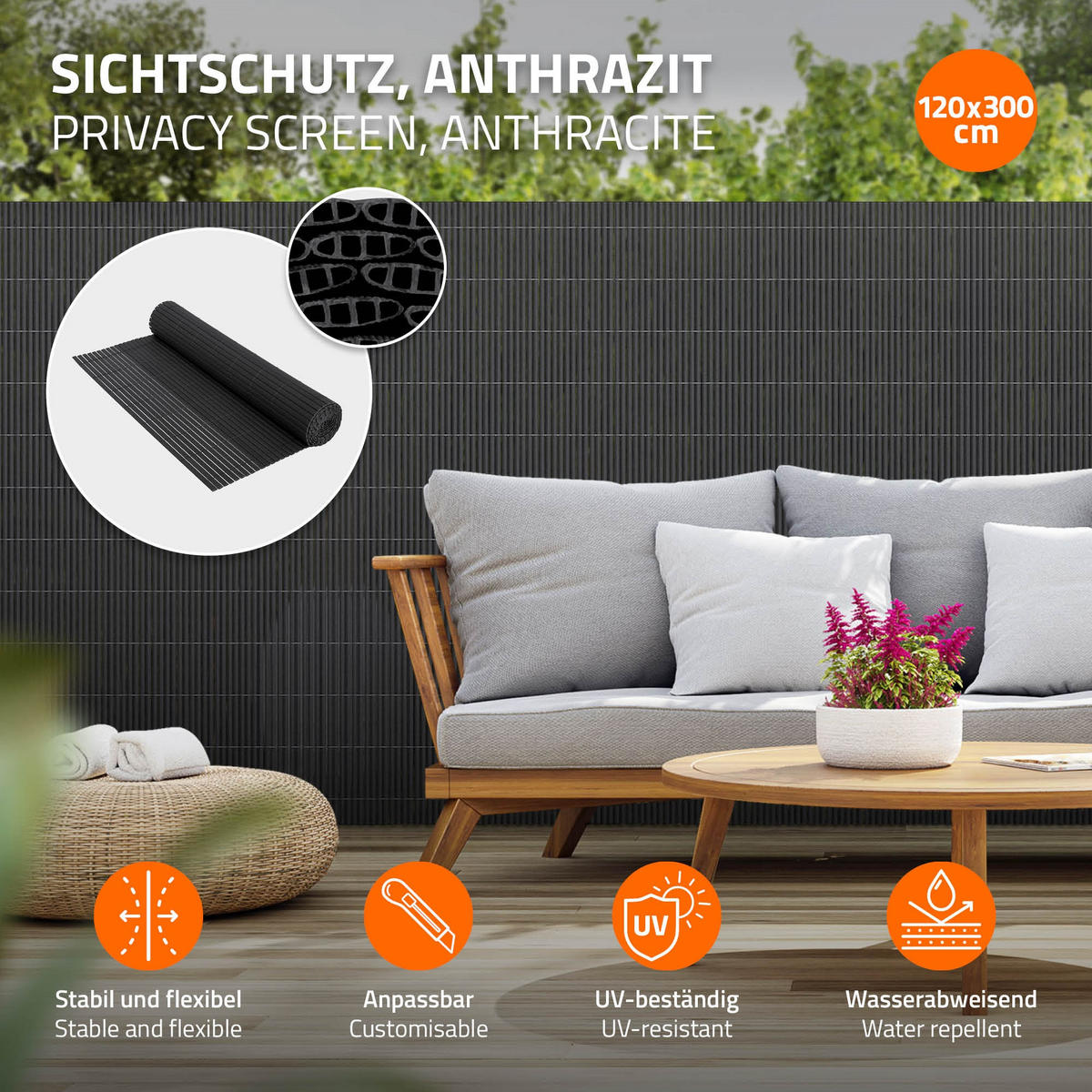 SICHTSCHUTZZAUN 300/120 cm - Anthrazit, Kunststoff (120/1.4cm) - ECD-Germany