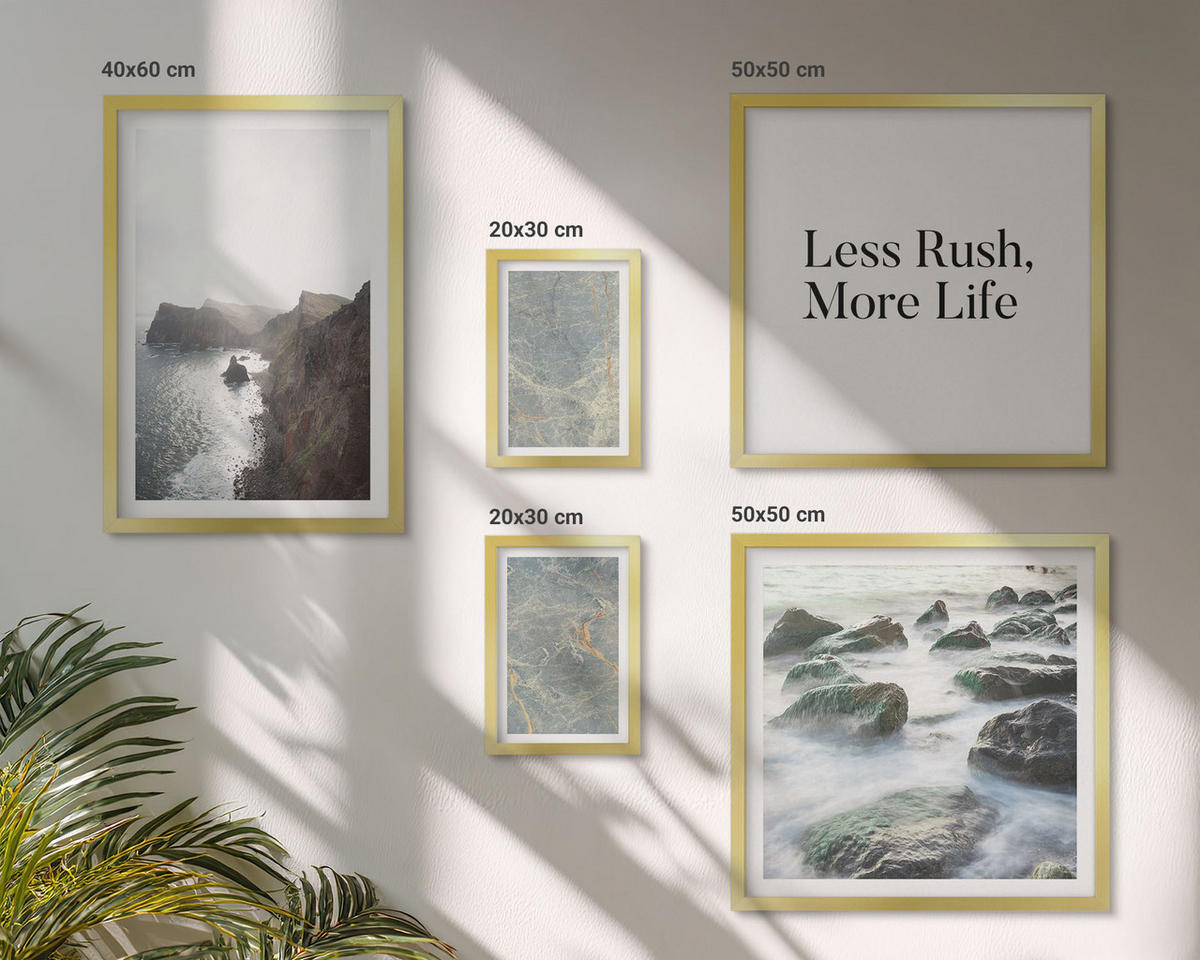 WANDBILDER 5er Set - 50x50 cm & 20x30 cm & 40x60 cm Goldrahmen - Grüner Marmor Melancholie - Goldfarben, Kunststoff (40/60cm) - ArtPrintCave