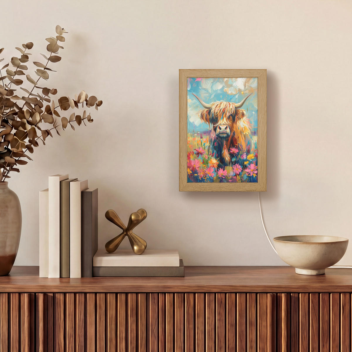 NÁSTĚNNÁ LAMPA Skotský horal - Příroda - Barevné - Květiny 15x20 cm - různobarevná, kompozitní dřevo (15/20/8cm) - OnlyWow