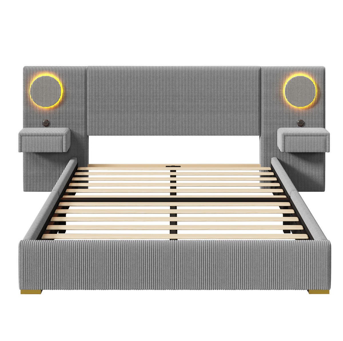 SAMETOVÁ čalouněná postel 180/200 cm s LED čelem, USB porty a nočními stolky se zásuvkami, Šedá - šedá, textil (180/200cm) - Redom