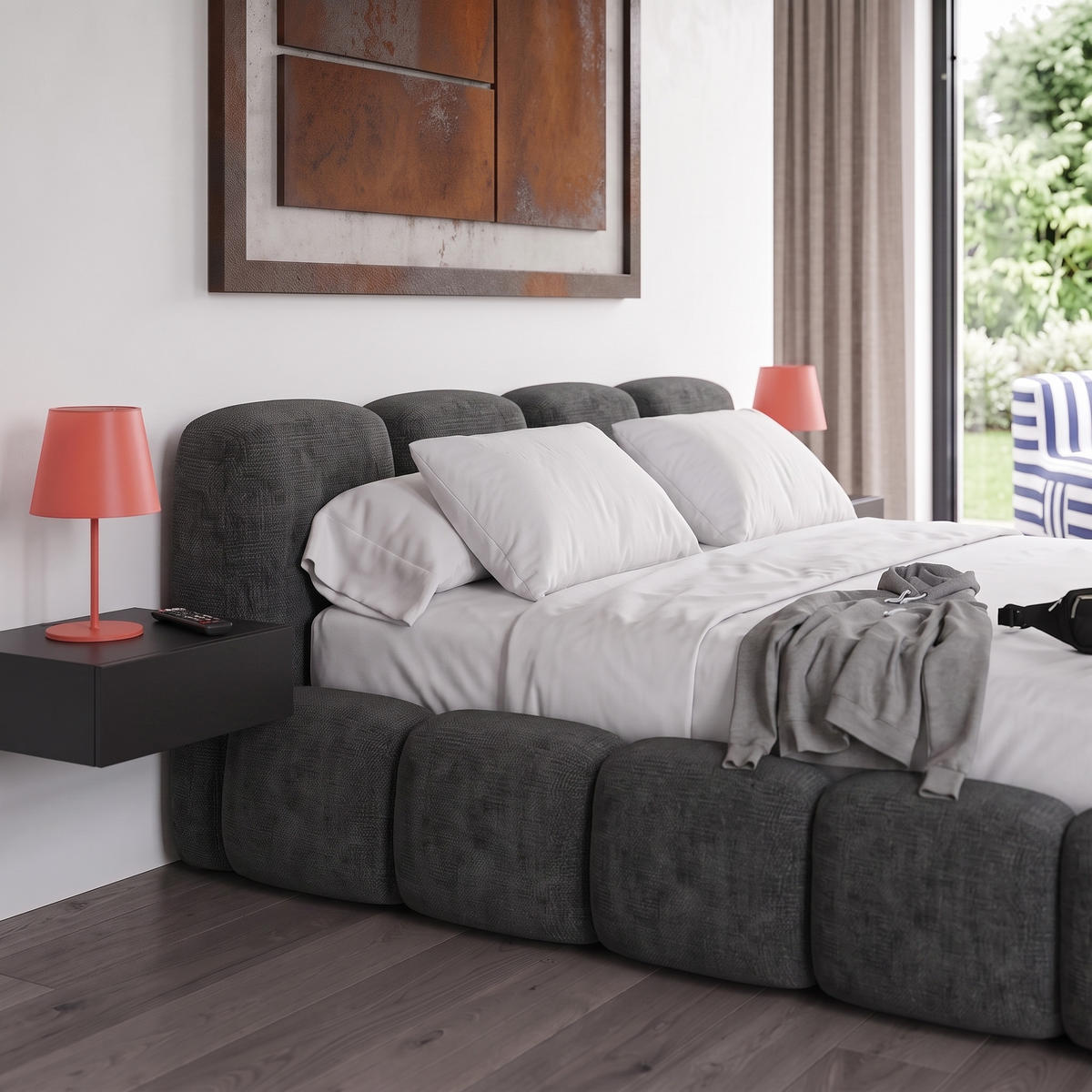 POLSTERBETT SUENO 180x200 cm in Schwarz, gepolstertes Kopfteil, Metalllattenrost, Bettkasten, Chenille-Stoff - Schwarz/Naturfarben, Holz/Textil (180/200cm) - Muffo