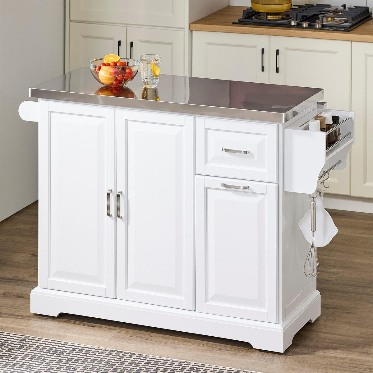 KÜCHENINSEL mit Edelstahl-Arbeitsplatte und Rollen 130×91×46(+25) cm - Weiß, Fell (107/91/71cm) - SoBuy