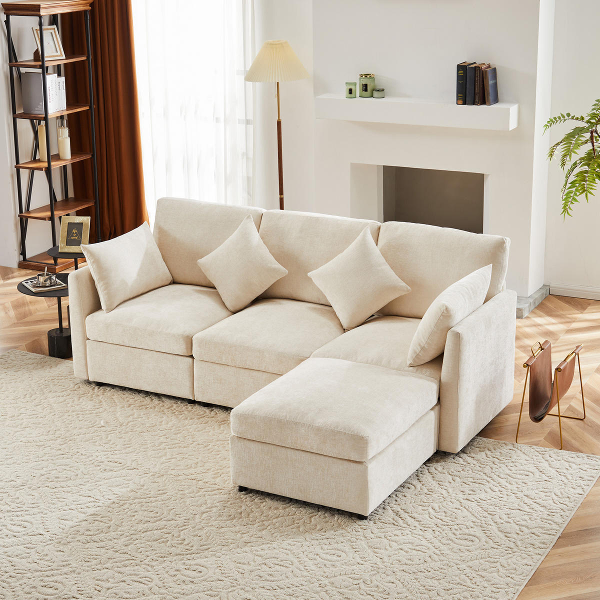 ECKSOFA Chenille mit Hocker 216/161/81 cm Beige inklusive 4 Kissen - Beige, Textil (161/216cm) - Redom