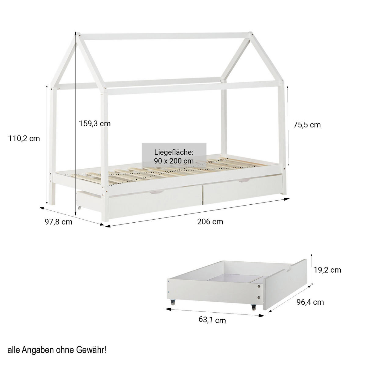 HAUSBETT mit Matratze mit Stauraum 90/200 cm Weiß - Weiß, Holz (206/160/98cm) - Homestyle4u