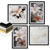 WANDBILDER 4er-Set - 50x50 cm & 40x60 cm Schwarzer Rahmen - Blumen Marmor weiß schwarz - Schwarz, Kunststoff (50/50cm) - ArtPrintCave