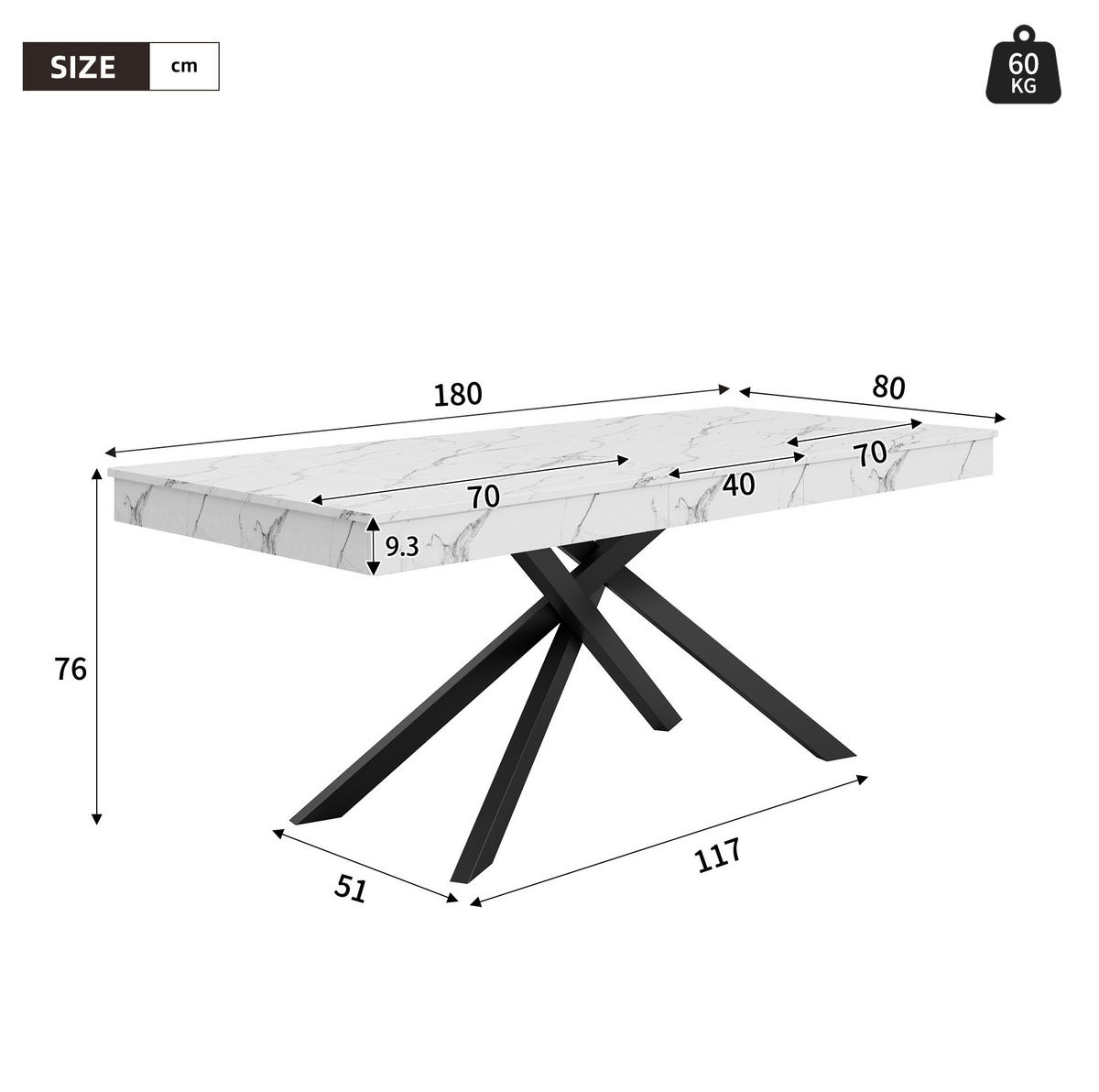 JÍDELNÍ stůl, 140–180/80 cm, MDF bílá, rozkládací pro 6–8 osob - bílá, kompozitní dřevo (180/80/76cm) - BEAOK