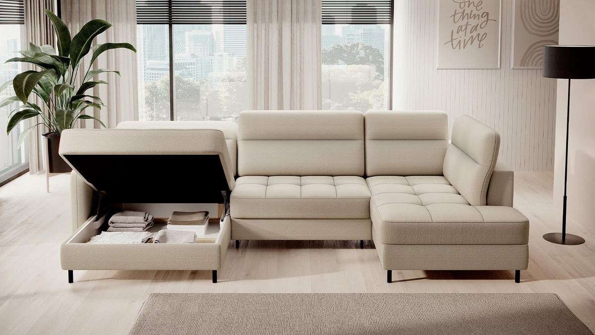 WOHNLANDSCHAFT mit Schlaffunktion und Bettkasten, verstellbare Kopflehnen - Beige/Schwarz, Textil/Metall (306/100/165cm) - Eltap