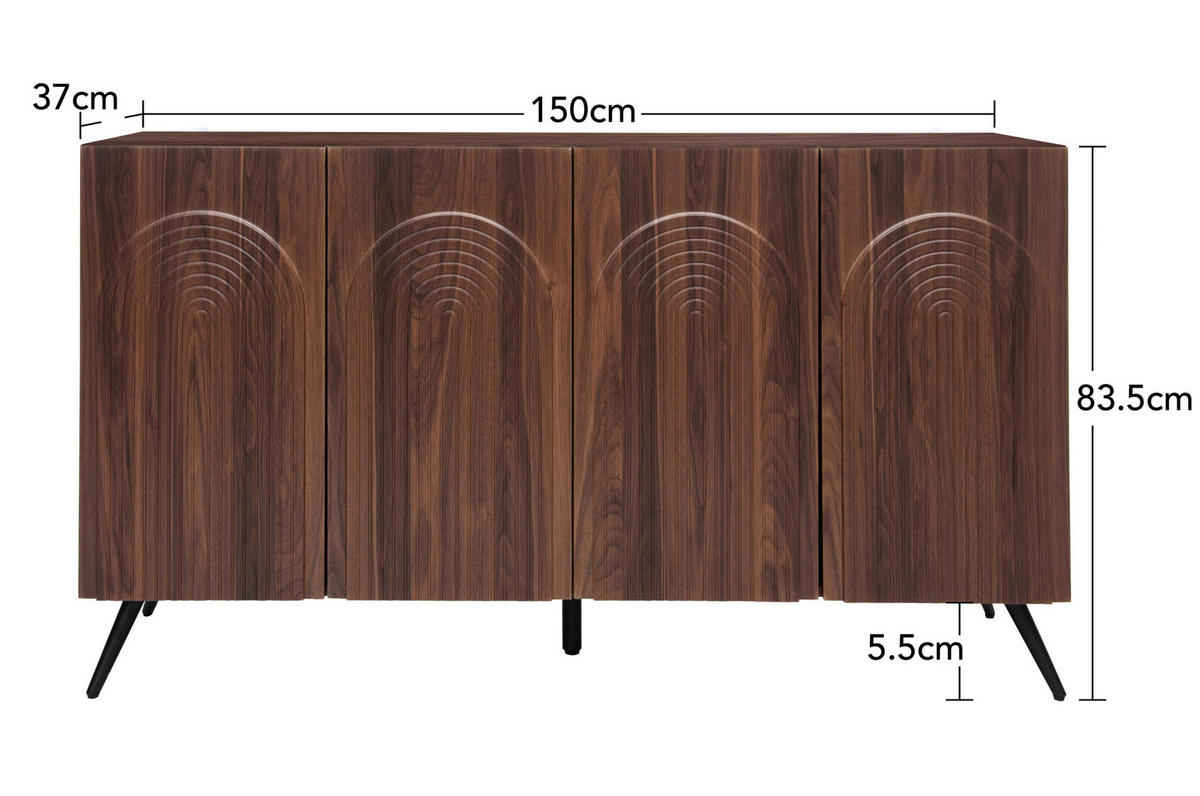 SIDEBOARD mit 4 Türen in Walnuss-Optik – Mid-Century-Design mit 3D-Rillen - Walnussfarben, Holzwerkstoff (150/83/38cm) - BEAOK