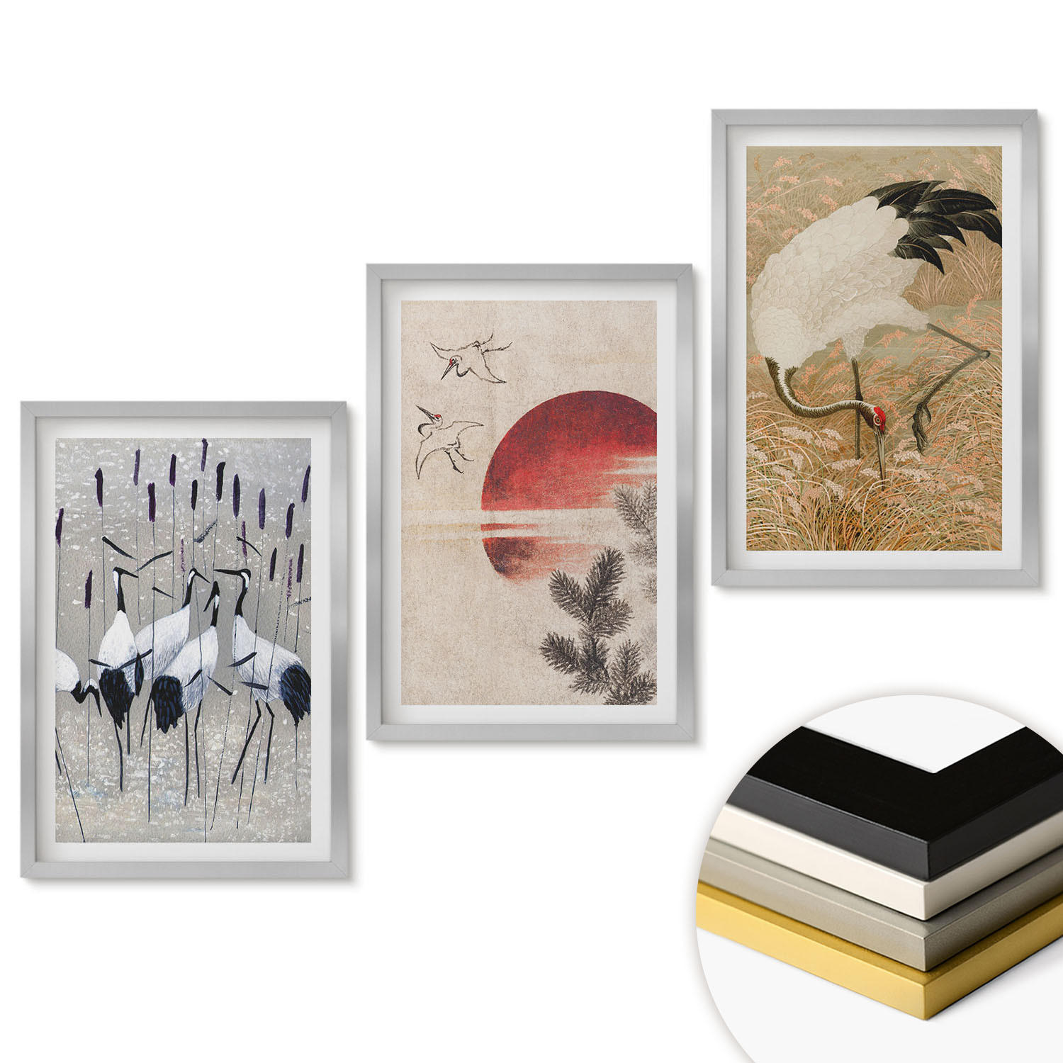 WANDBILDER 3er Set - 40x60 cm Silberner Rahmen - Japanische Kraniche Landschaft - Silberfarben, Kunststoff (40/60cm) - ArtPrintCave