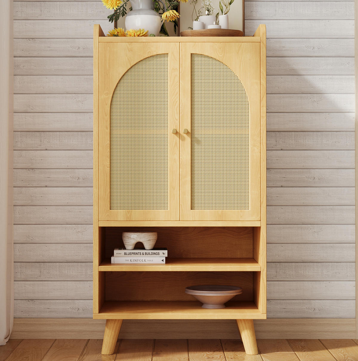 HIGHBOARD 60/40/121 cm mit Rattantüren, offenen Fächern und Kippsicherung, Natur - Naturfarben, Holzwerkstoff (60/121/40cm) - Redom