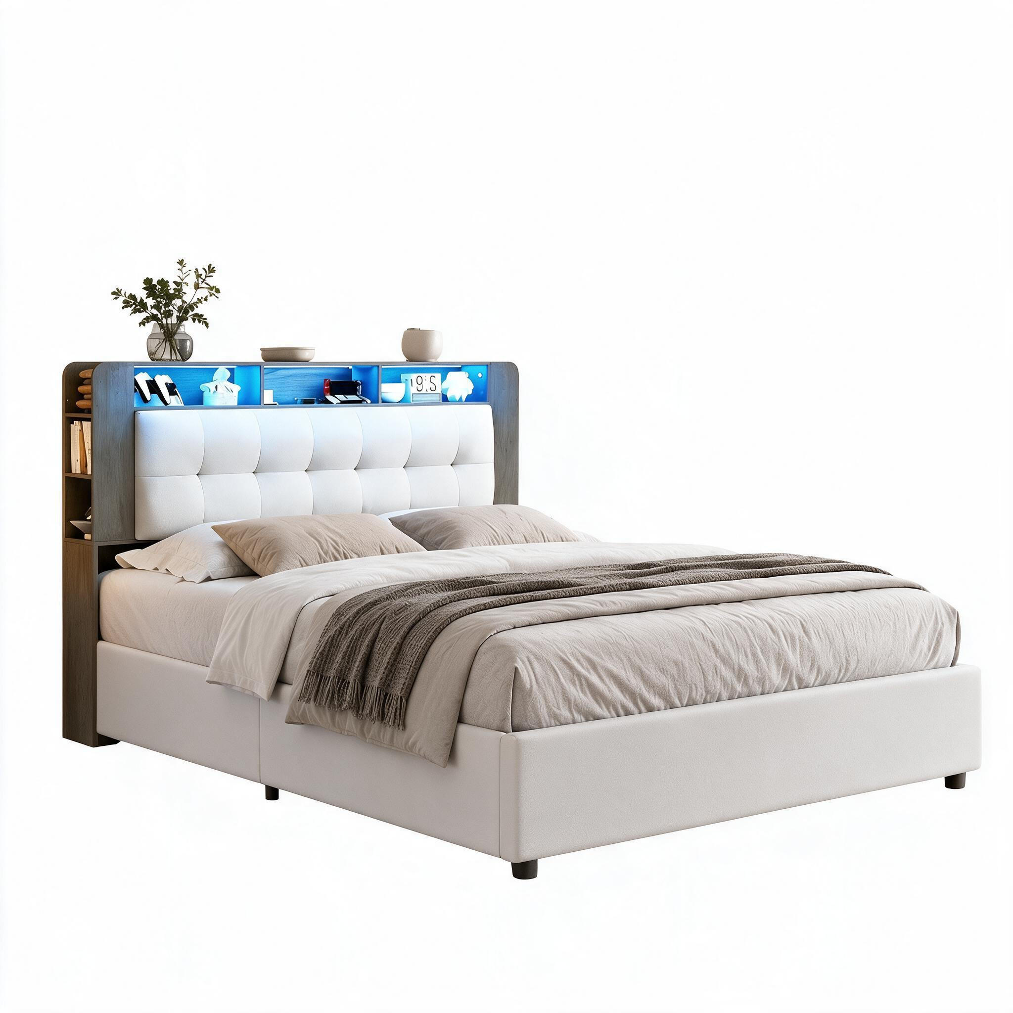POLSTERBETT 140/200 cm mit LED,Kopfteil-Ladestation und Stauraum - Beige, Holz (140/200cm) - PARAFTA HOME