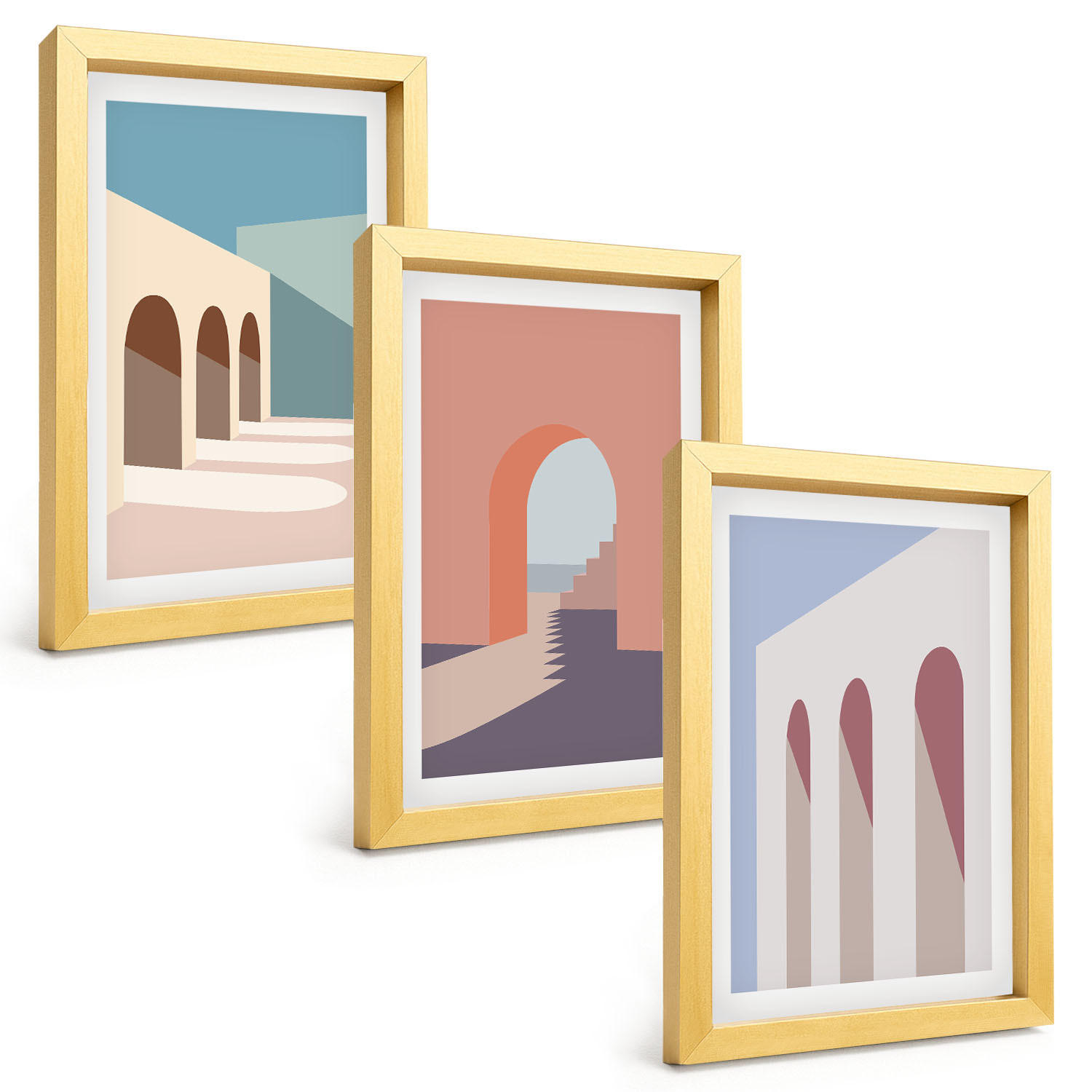 BILDER SET 3er Set - 20x30 cm Goldrahmen - Architekturgrafiken in Pastellfarben - Goldfarben, Kunststoff (20/30cm) - TULUP