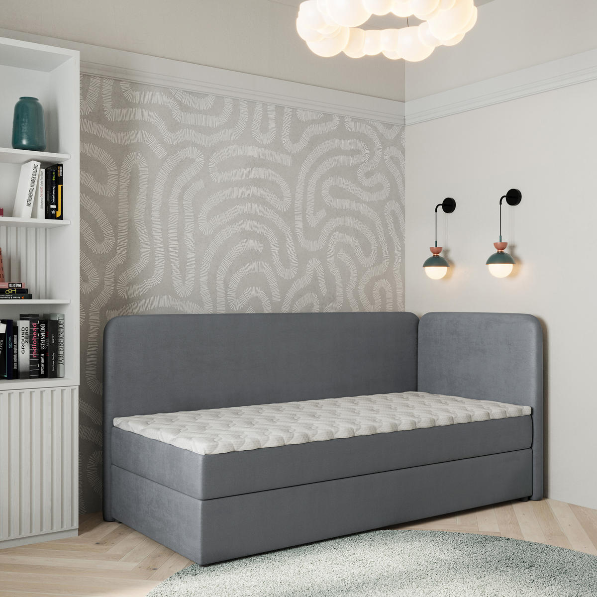 BOXBETT GINA 100x200 cm mit Matratze und Topper, H2+H3 - Grau - Grau, Holz (100/200cm) - MASSENO