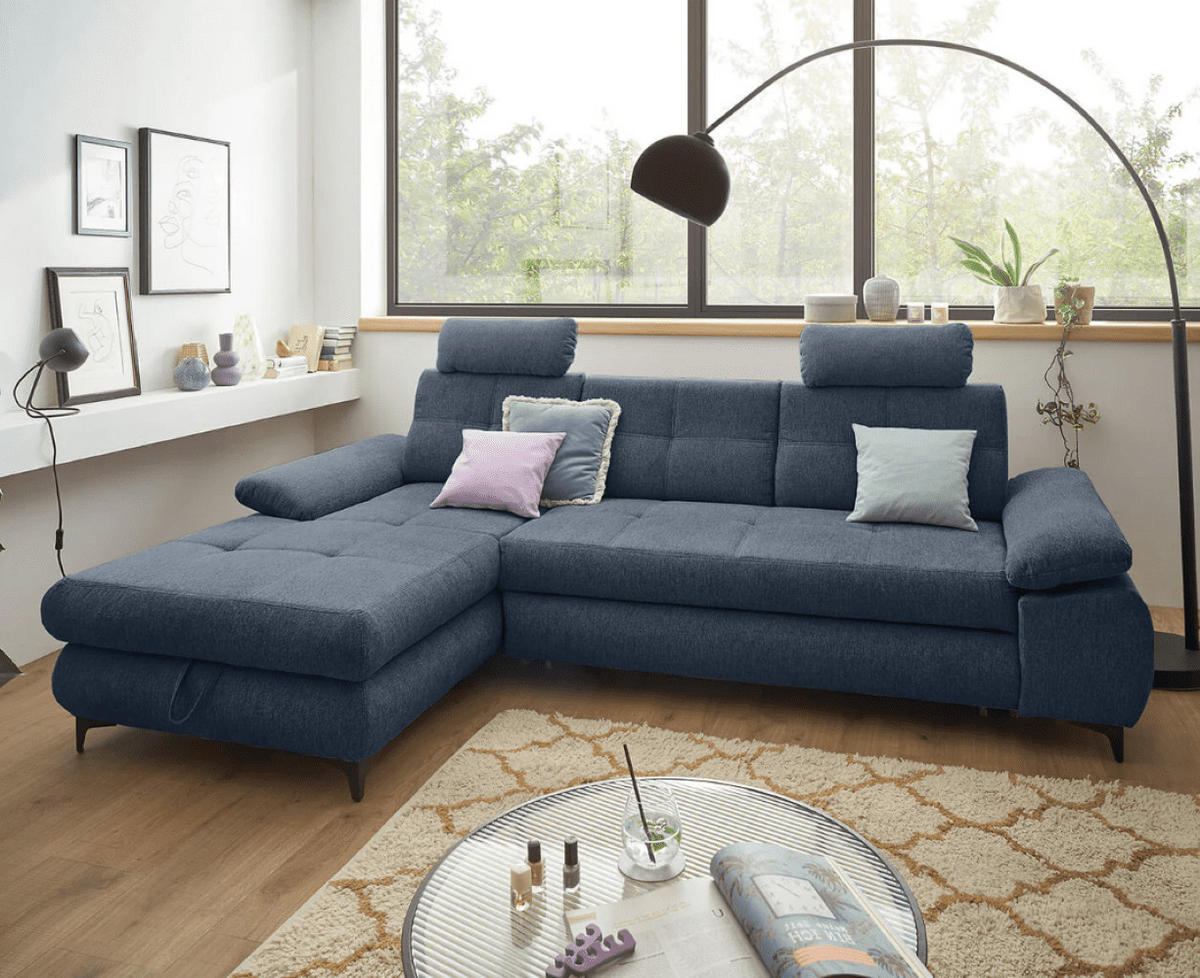 ECKSOFA mit Schlaffunktion und Bettkasten - Schwarz/Dunkelblau, Kunststoff/Textil (274/177cm) - ed exciting design
