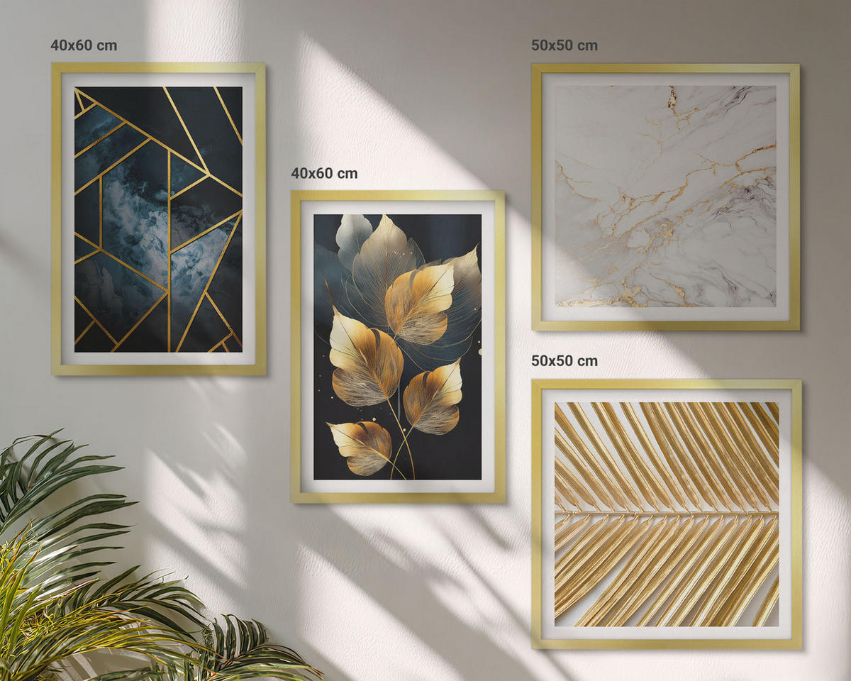BILDER SET 4er Set - 50x50 cm & 40x60 cm Goldrahmen - Moderne Pflanzenmuster - Goldfarben, Kunststoff (50/50cm) - TULUP