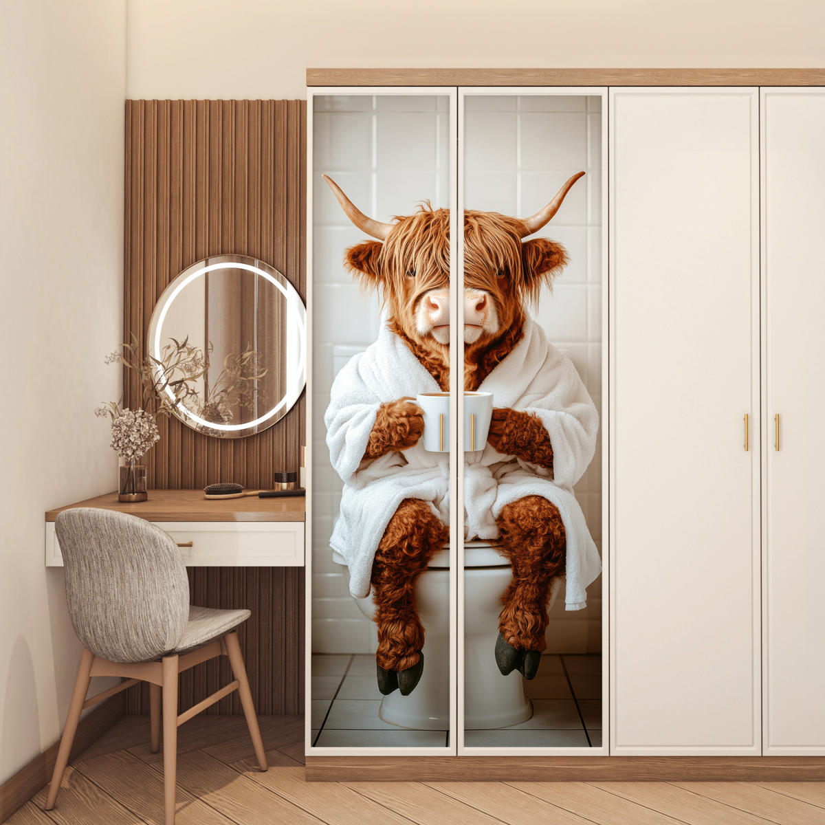 FOTOTAPETE Tür - Schottisches Hochlandrind - WC - Bademantel - Modern - Tiere 90x205 cm - Kastanienfarben, Kunststoff (90/0.1cm) - MuchoWow