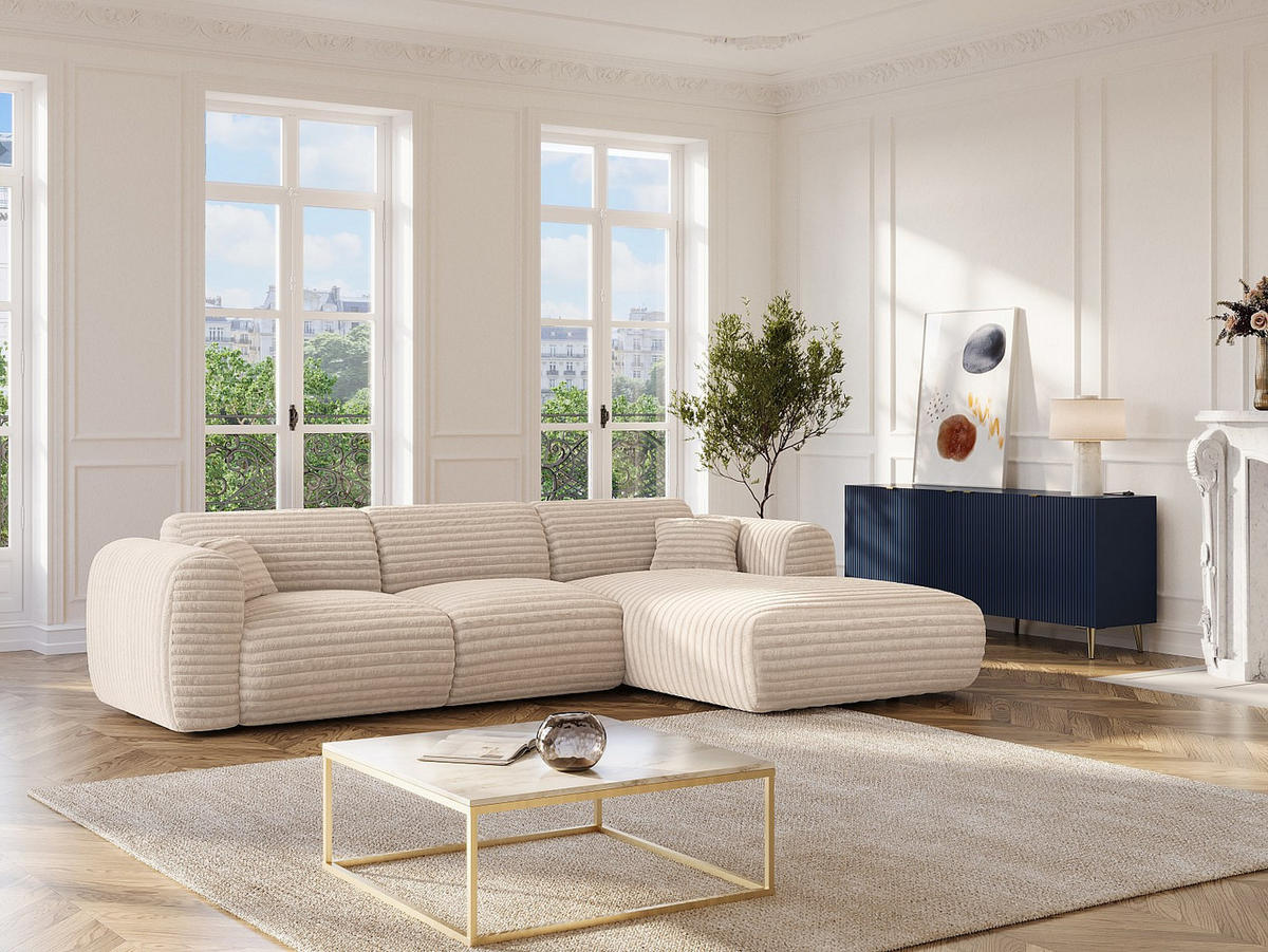 GROSSES Ecksofa - Ecke rechts - grob gerippter Cord - Beige - POGNI - Beige, Textil (280/165cm) - Vente-Unique