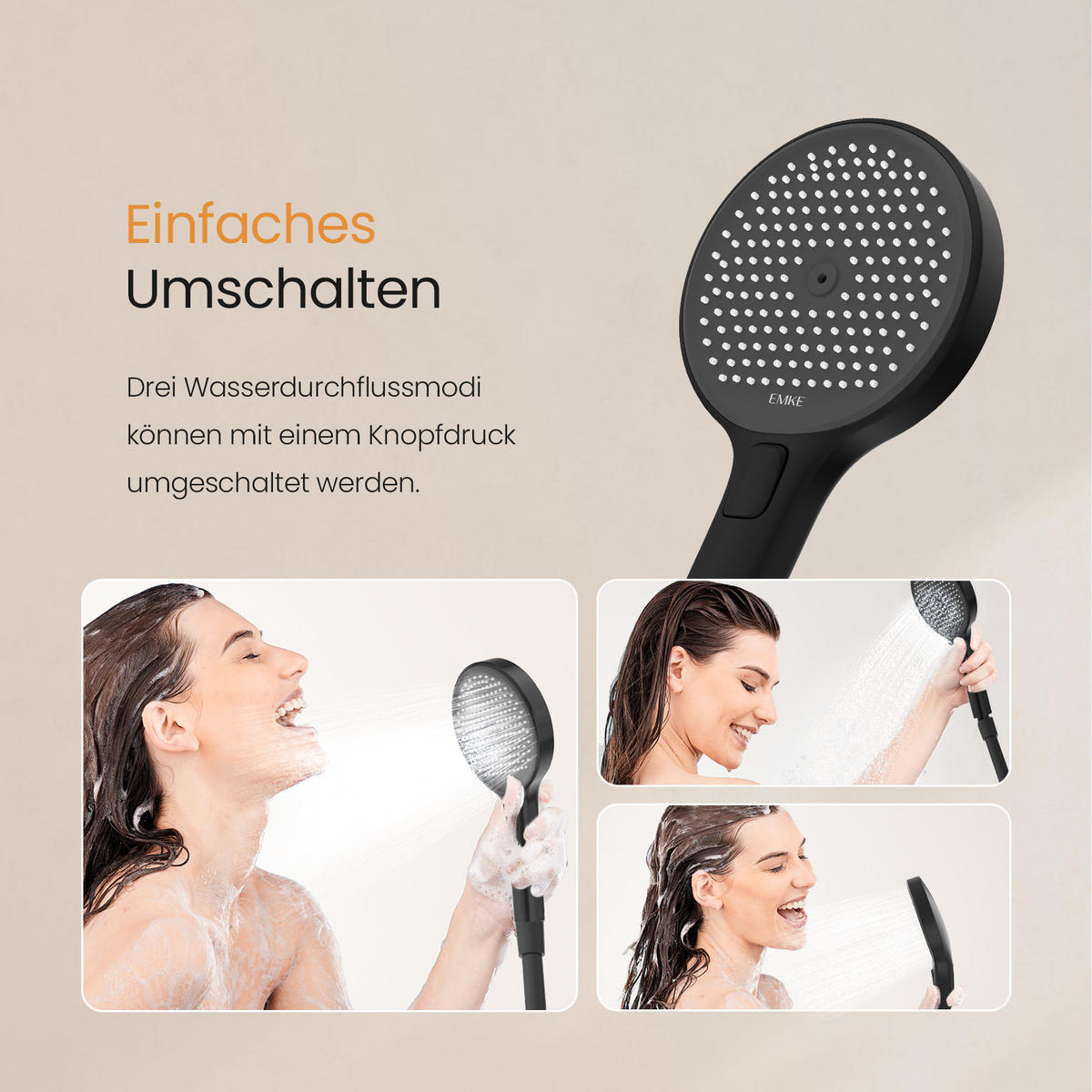 ÜBERKOPFBRAUSESET mit Thermostat Drei Wasserauslassmethoden Schwarz - Schwarz, Metall (13.5/106/44.6cm) - EMKE
