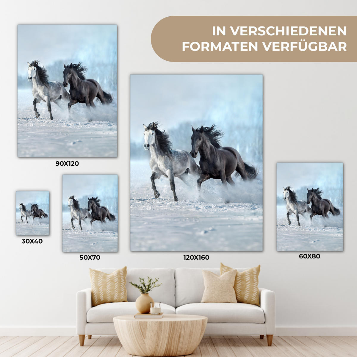 LEINWANDBILD Pferde - Winter - Tiere - Natur - Schnee 60x80 cm - Anthrazit, Textil (60/80cm) - MuchoWow