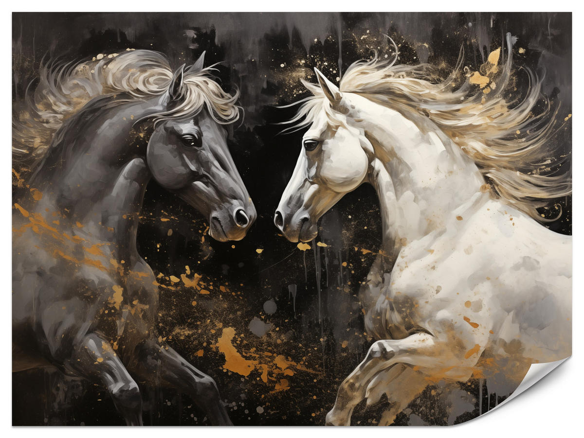 FOTOTAPETE für Büro Schwarz-Weiß Pferd Aquarell Goldakzente Eleganz 450x315 - Beige/Schwarz, Papier (450/315cm) - Muralo