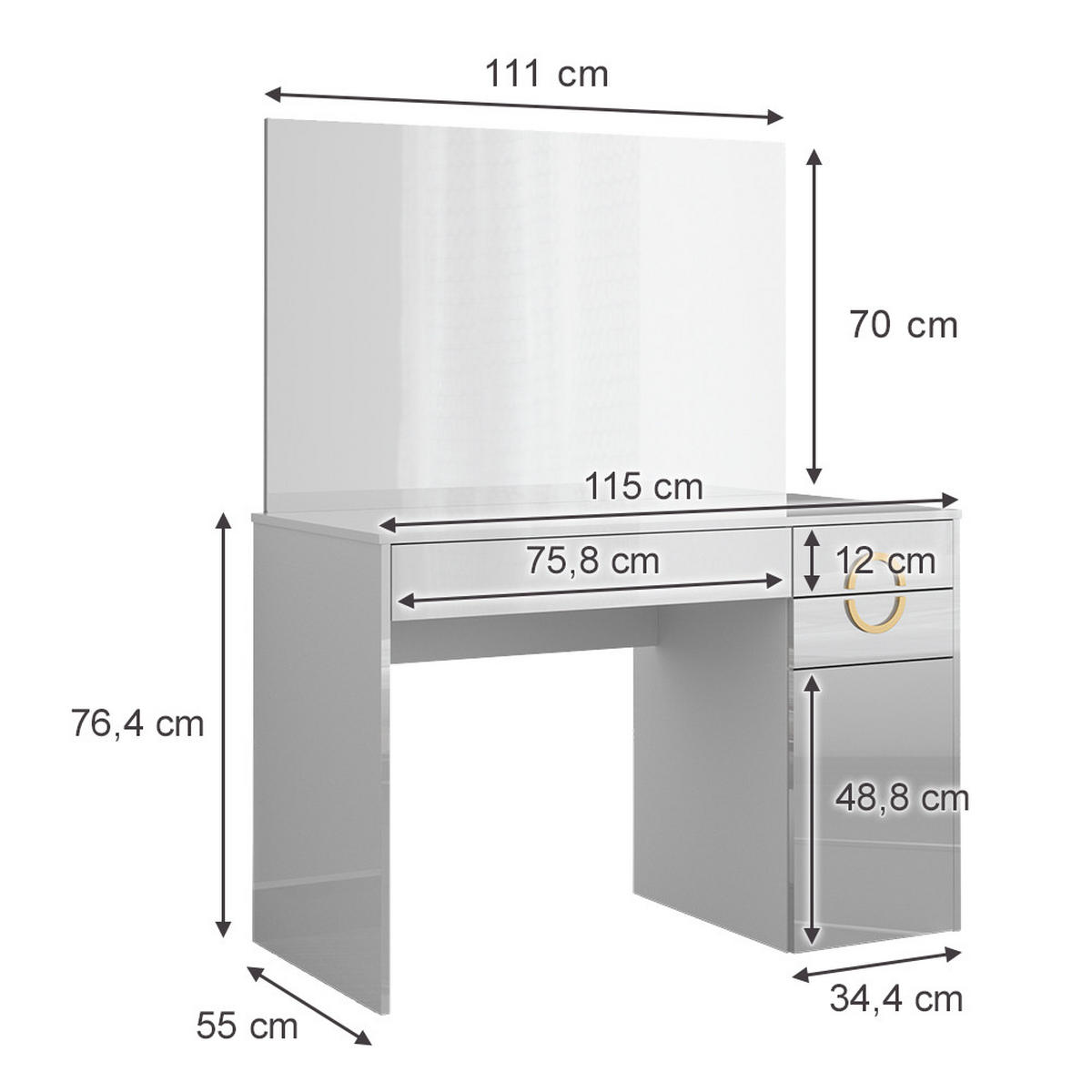 SCHMINKTISCH Adela Weiß 115 cm mit Spiegel - Weiß, Holzwerkstoff (115/76.4/55cm) - Vicco