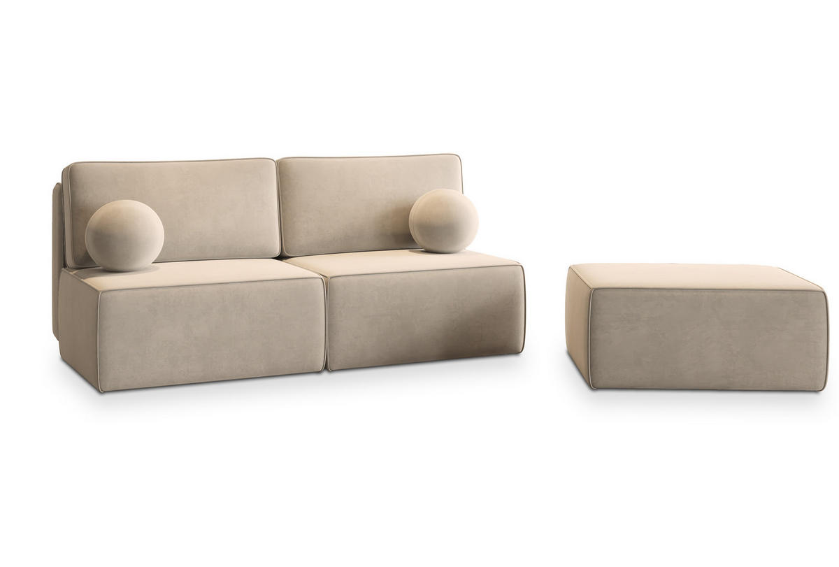 ECKSOFA VARNA M Creme Velours-Stoff mit Schlaffunktion - Creme, Holz (196/158cm) - MASSENO