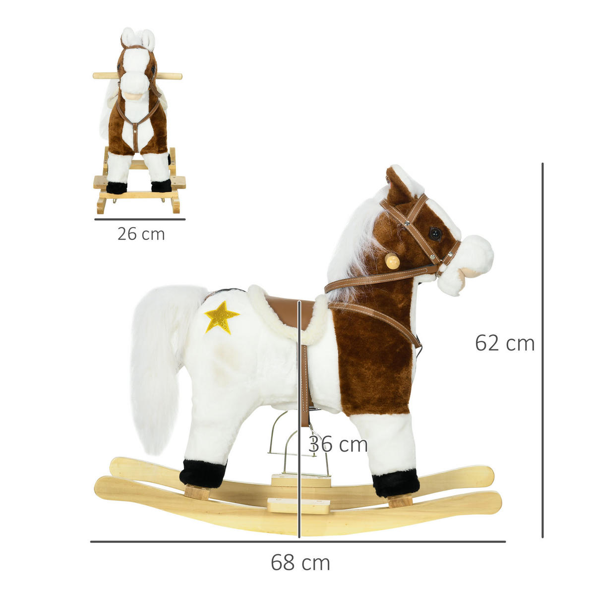 KINDER SCHAUKELTIER, Braun, Pappelholz+ Plüsch (100% Polyester) - Braun, Holz (26/62/68cm) - HOMCOM