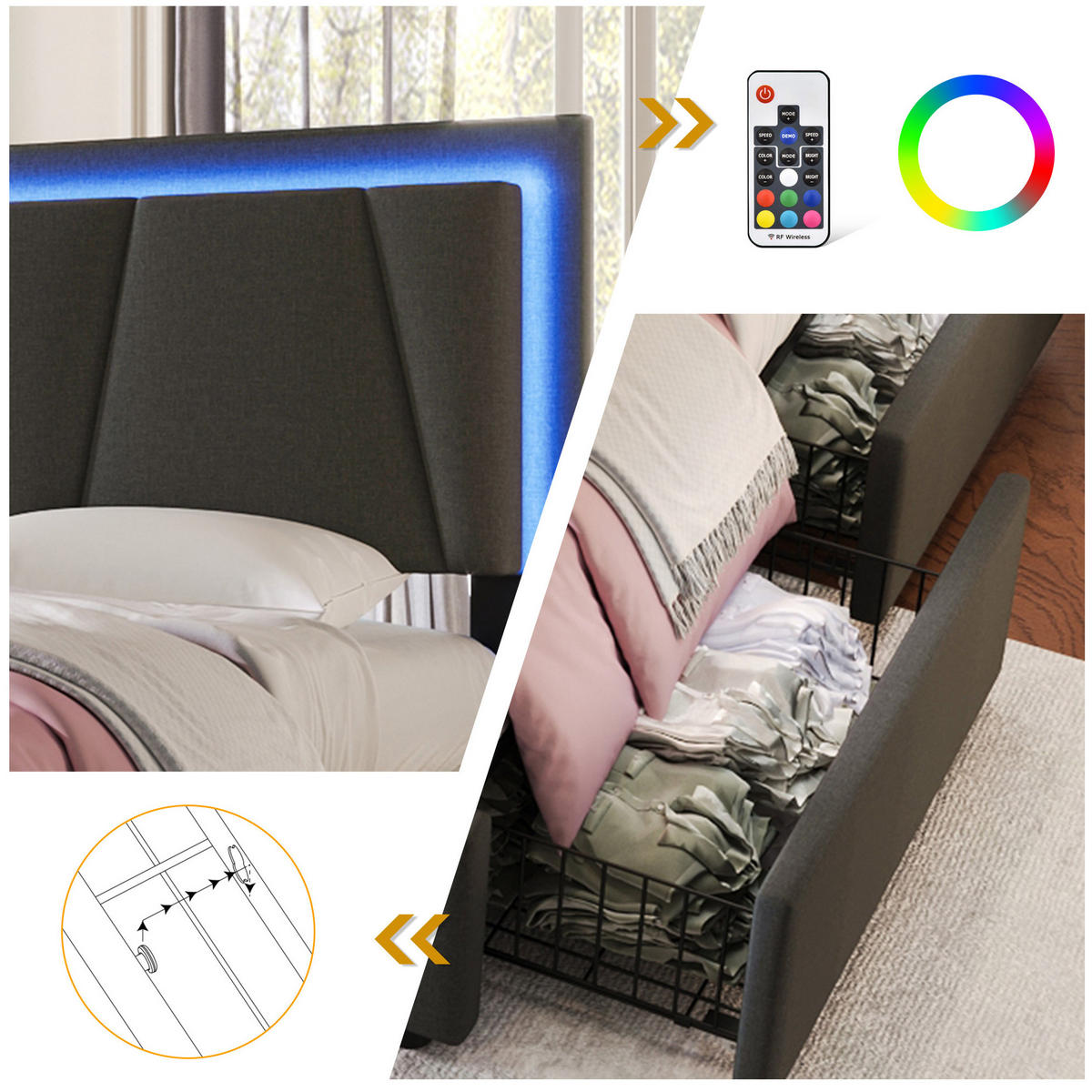 OBLAZINJENA postelja 140/200 cm z LED osvetlitvijo, 4 predali in nastavljivim vzglavjem, Siva - siva, les (140/140cm) - Redom