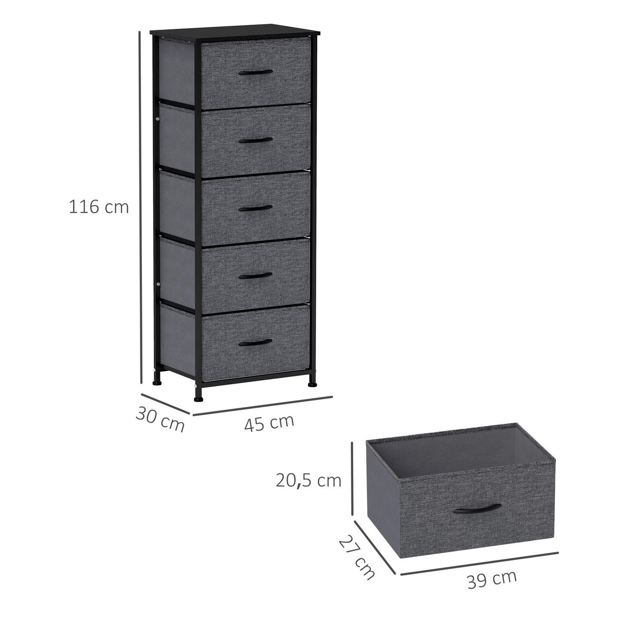 KOMMODE DE-12498 5 Schubladen 45/30/116 cm Dunkelgrau - Dunkelgrau, Metall (45/116/30cm) - ComfortXL
