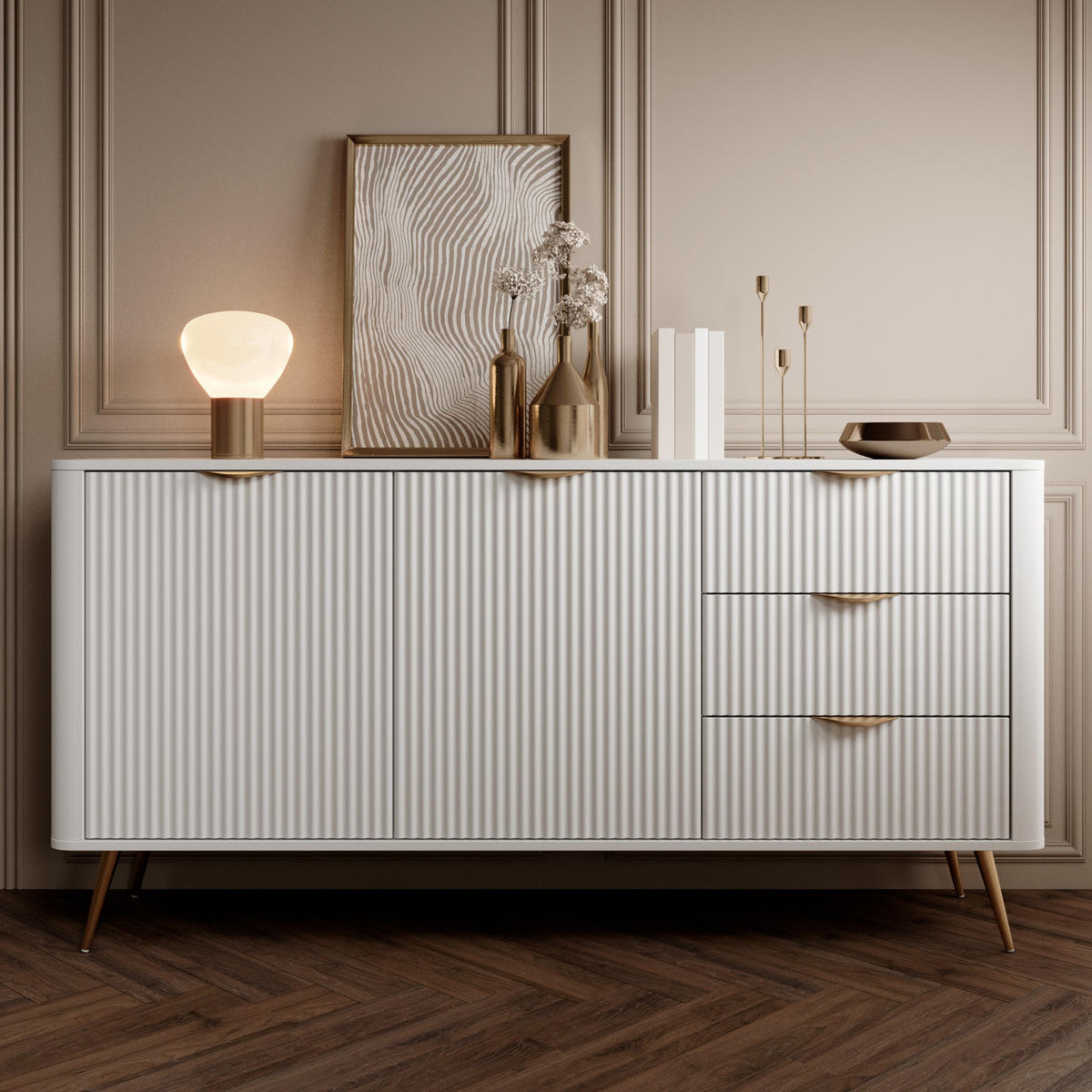 SIDEBOARD Flore 163 cm Weiß / Gold - mit 3 Schubladen und 2 Türen - Riffel-Optik - Gelb/Goldfarben, Holz/Holzwerkstoff (163/81/38cm) - Ravio