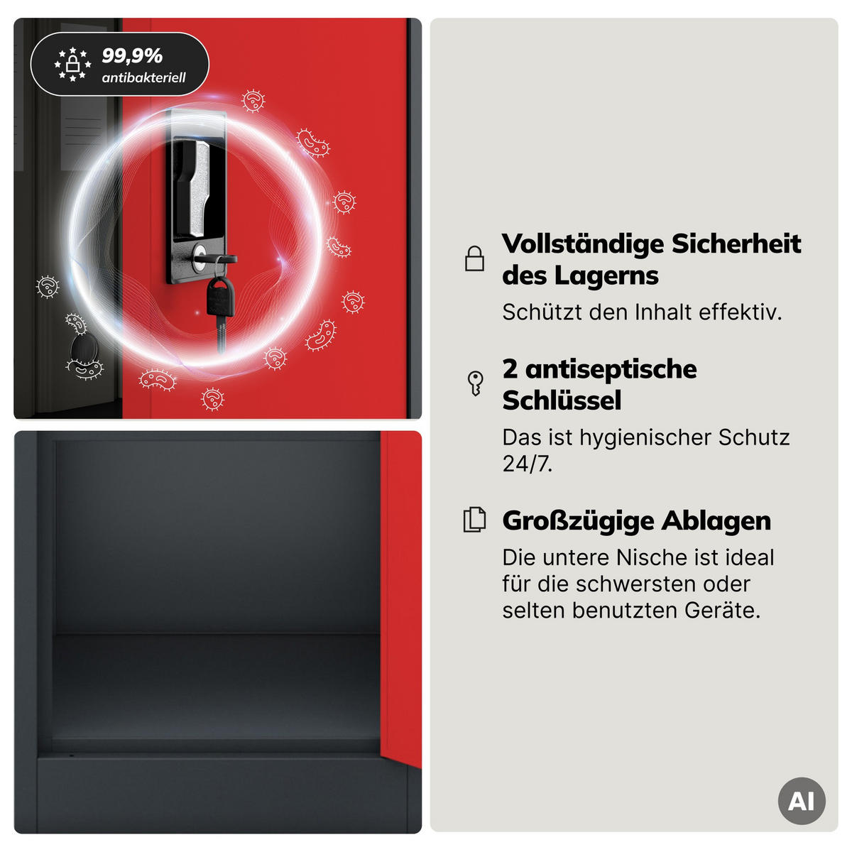 AKTEN-KARTEISCHRANK mit Schlüssel ALEX 185x45x40 cm - Anthrazit/Rot, Metall (45/185/40cm) - Jan Nowak