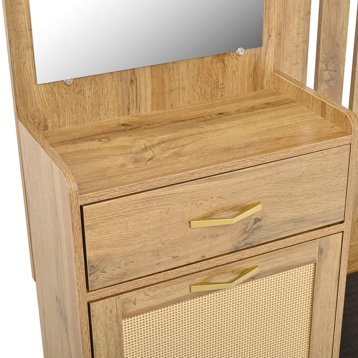 GARDEROBE Garderoben-Set mit Sitzbank und Spiegel, Haken, Schuhschrank, Rattanoptik, Flur Stauraum MDF Natur - Naturfarben, Glas/Holzwerkstoff (99.5/180/26cm) - EVRYAE