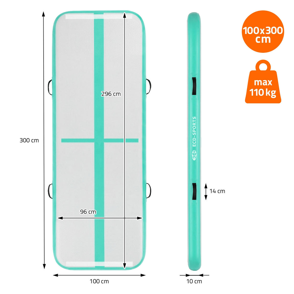 NAFUKOVACÍ gymnastická podložka Airtrack 300x100x10 cm mintově zelená - zelená barva, plast (100/300cm) - ECD-Germany