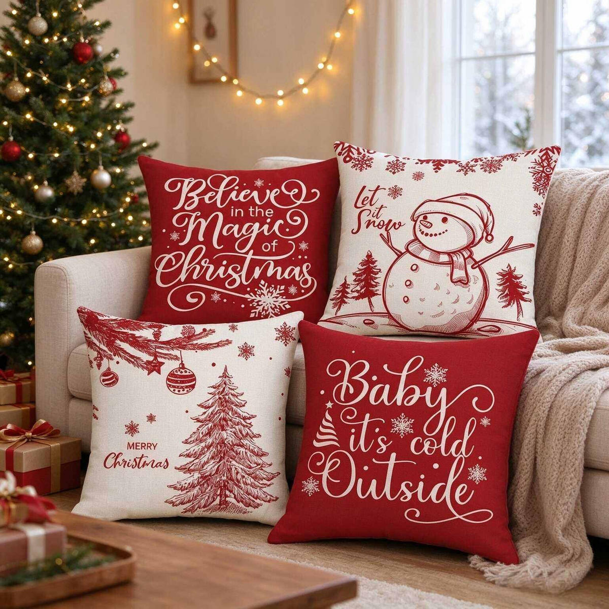 KISSENBEZUG – Weihnachtskissenbezug (Kissenfüllung nicht enthalten) – 45 x 45 cm – Multicolor(vier Stück) - Multicolor, Textil (45/45cm)