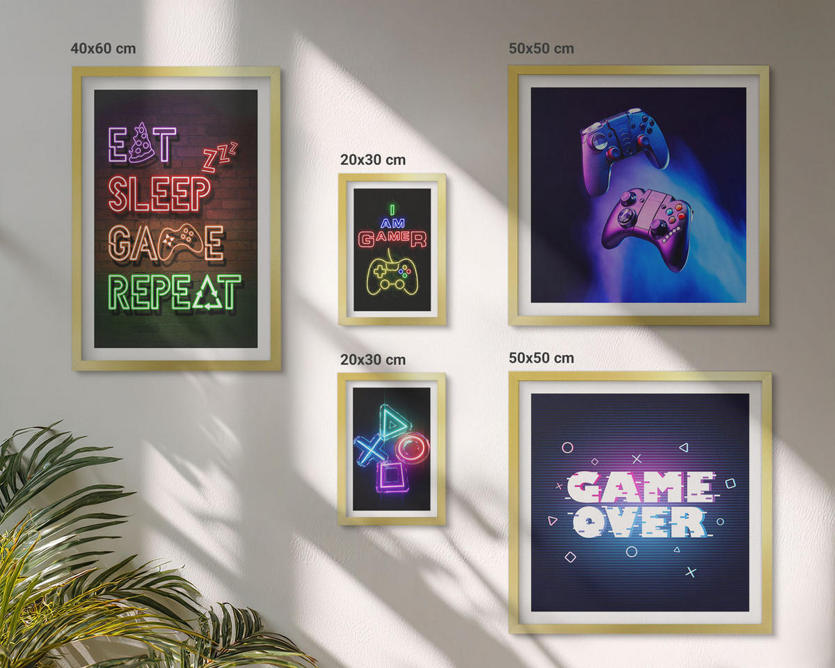 BILDER SET 5er Set - 50x50 cm & 20x30 cm & 40x60 cm Goldrahmen - Gamepads, Spielersymbol-Untertitel - Goldfarben, Kunststoff (40/60cm) - TULUP