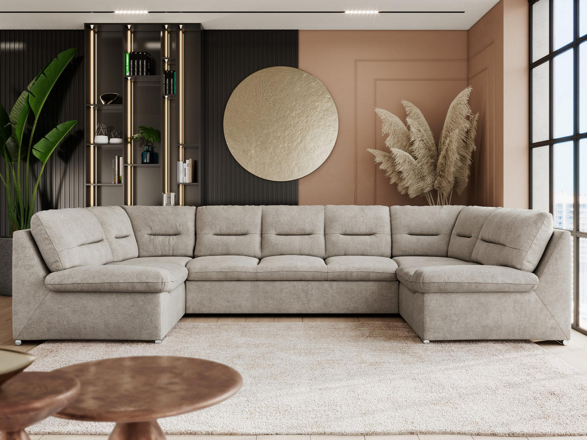 WOHNLANDSCHAFT COMODO U Beige Struktur - Beige/Silberfarben, Textil/Metall (340/93/206cm) - MKS