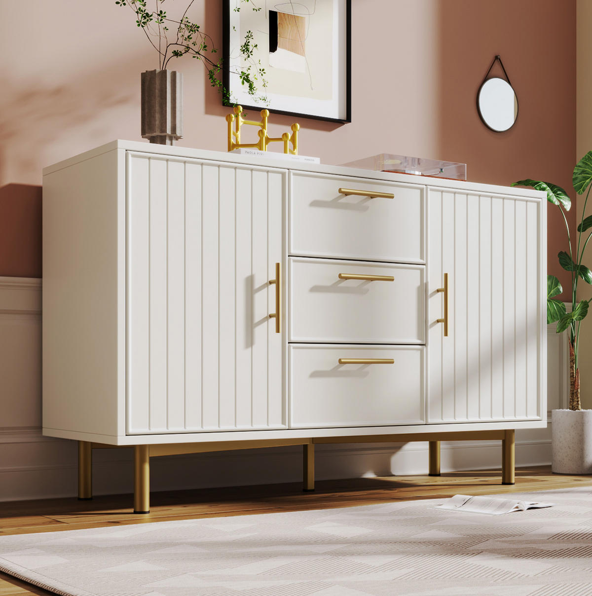 KOMMODE 120/40/75 cm aus Spanplatte mit geriffelten Fronten und verstellbarem Einlegeboden Weiß - Weiß, Holzwerkstoff (120/40/75cm) - Modenvie