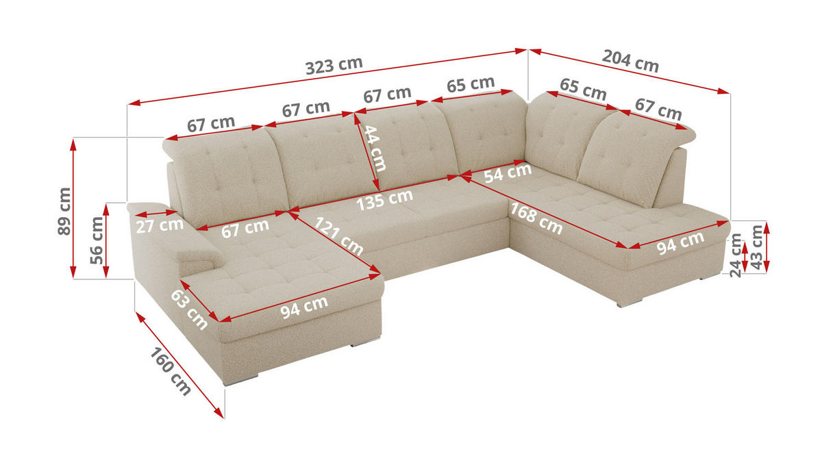 WOHNLANDSCHAFT MADRITO U - Beige Boucle - Links - Beige/Silberfarben, Textil/Metall (204/89/323cm) - MKS