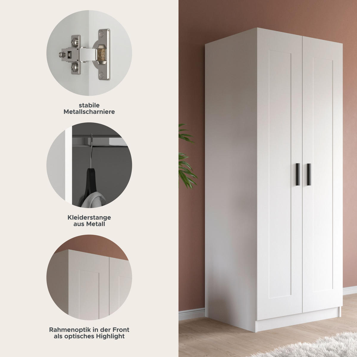 KLEIDERSCHRANK 2-türig VISBY (B/H/T: ca. 80/195/56 cm) in weiß/weiß - Weiß, Holzwerkstoff (80/195/56cm)