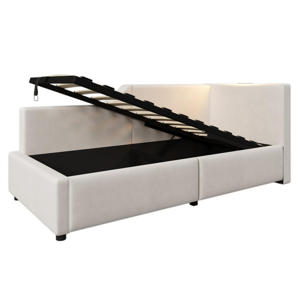 POLSTERBETT 90/200 cm in Beige mit Stauraum, Leselampe und USB- und Type-C-Anschlüssen - Beige, Textil (90/200cm) - Flora Grace