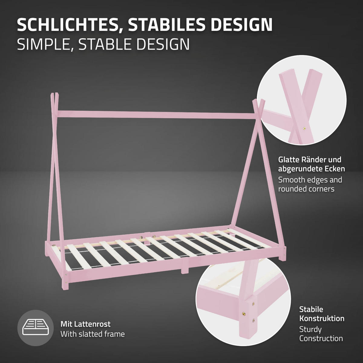 KINDERBETT Tipi mit Matratze 90x200 cm Rosa - Pink, Holz (90/200cm) - ML-DESIGN