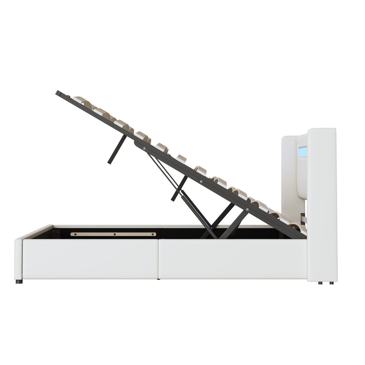 POLSTERBETT 160/200 cm mit LED-Lichtleiste, Bluetooth-Lautsprecher, USB-Anschlüssen und hydraulischem Stauraum, Weiß - Weiß, Kunststoff (160/200cm) - Redom