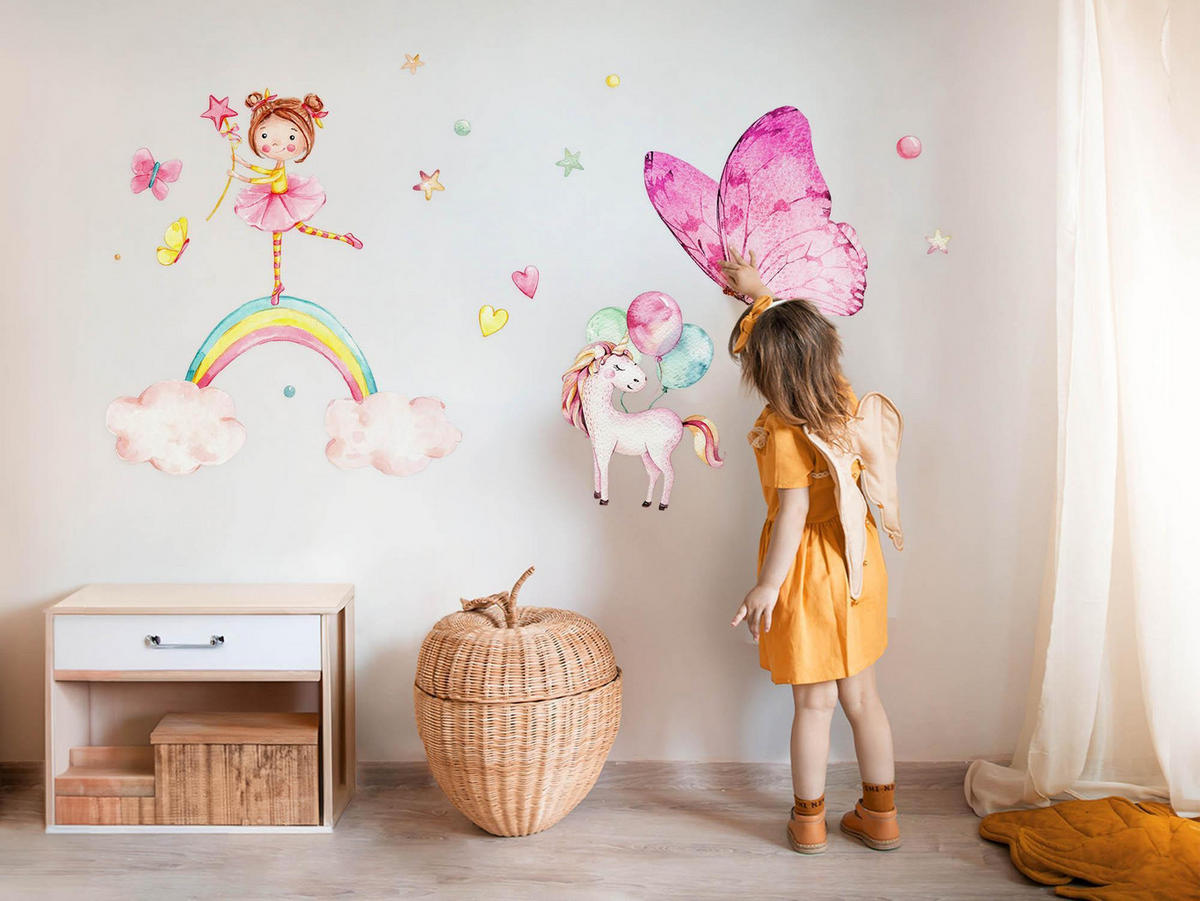 WANDAUFKLEBER 80x105cm - Mädchen auf dem Regenbogen - Multicolor, Kunststoff (80/105/0.1cm) - Wallfluent