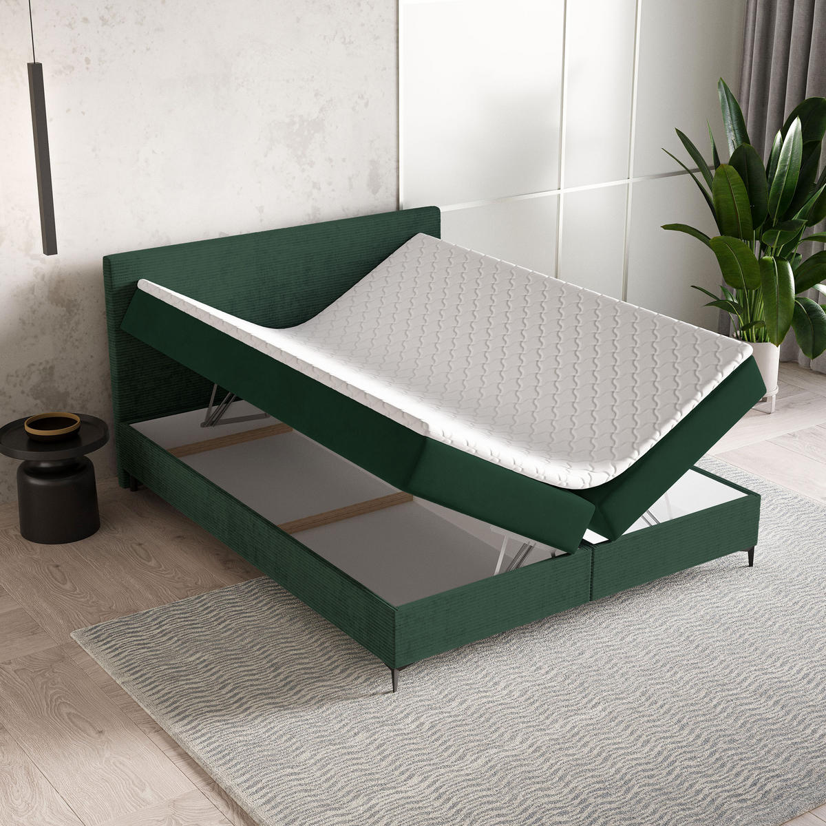 BOXBETT TORREL 160x200 cm mit Matratze und Topper - Grün - Grün, Holz (160/200cm) - MASSENO