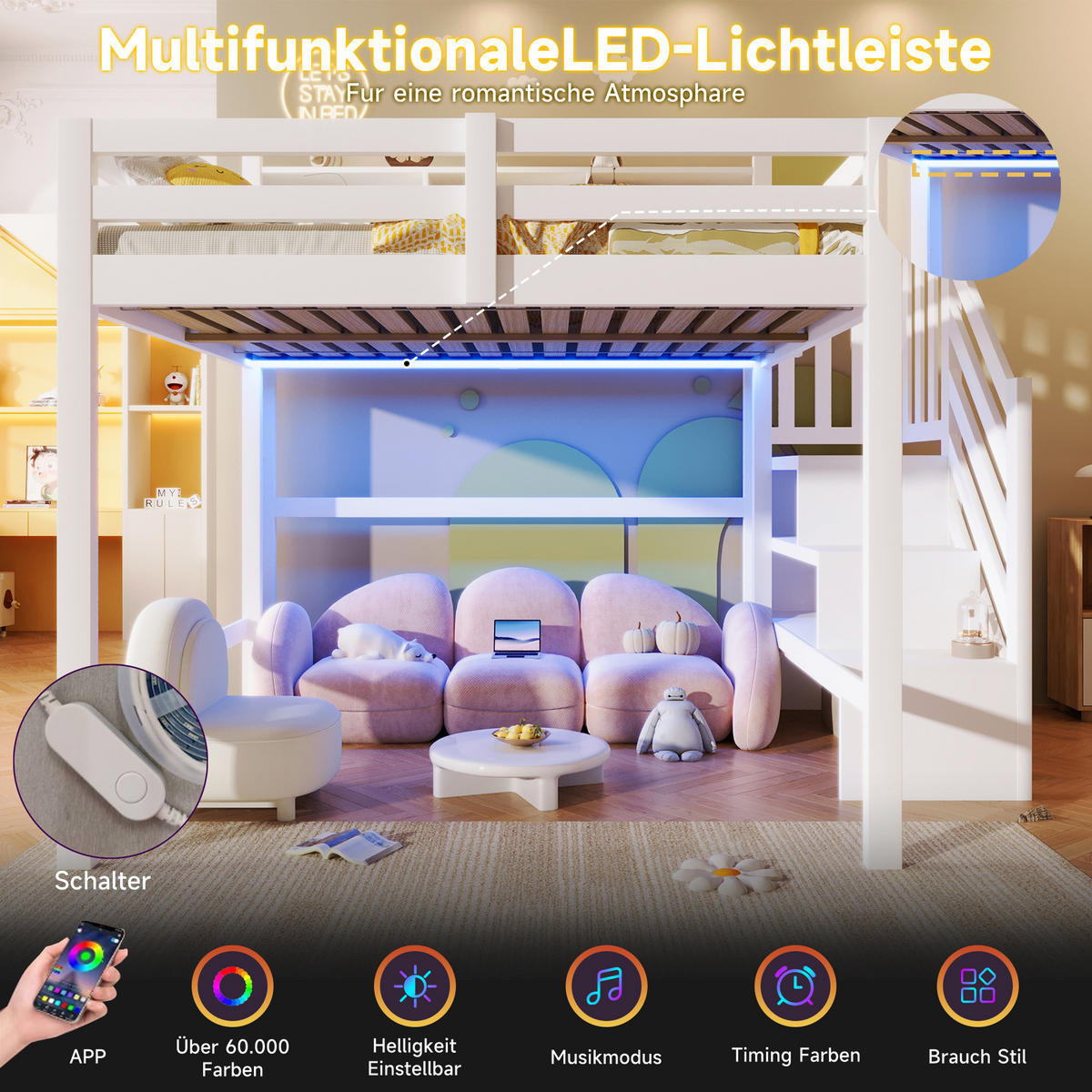 HOCHBETT 140/200 cm in Weiß mit LED, Stauraum und Ablageleiter - Weiß, Holz/Holzwerkstoff (140/200cm) - CHICFURN